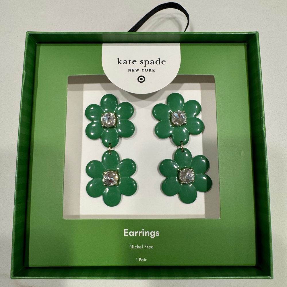 NIB - Kate Spade Green Floral Earrings with Crystal Accents